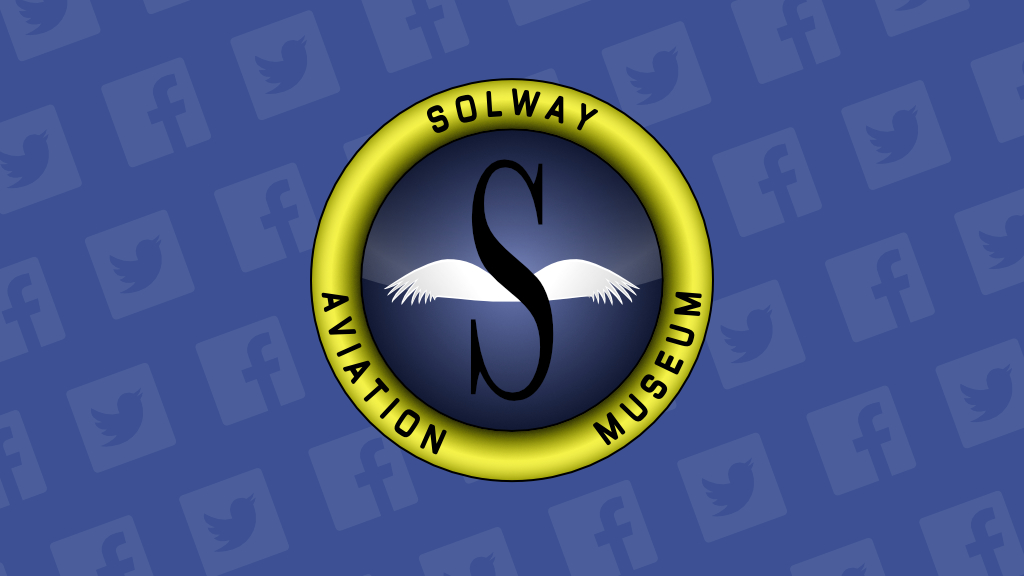 The Solway Aviation Museum logo overlaid on to of the Twitter and Facebook logos, which are displayed in a repeated diagonal pattern.