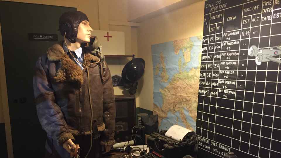 A mannequin dressed as a WWII pilot, looking at a dispatch board.