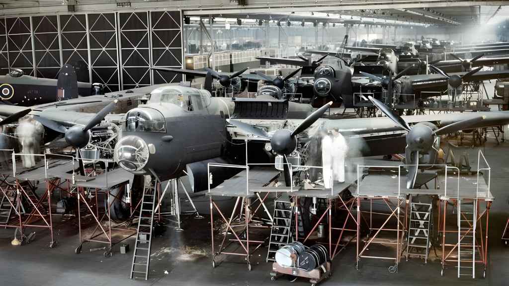 The Avro Lancaster production line at Woodford, Cheshire, 1943.